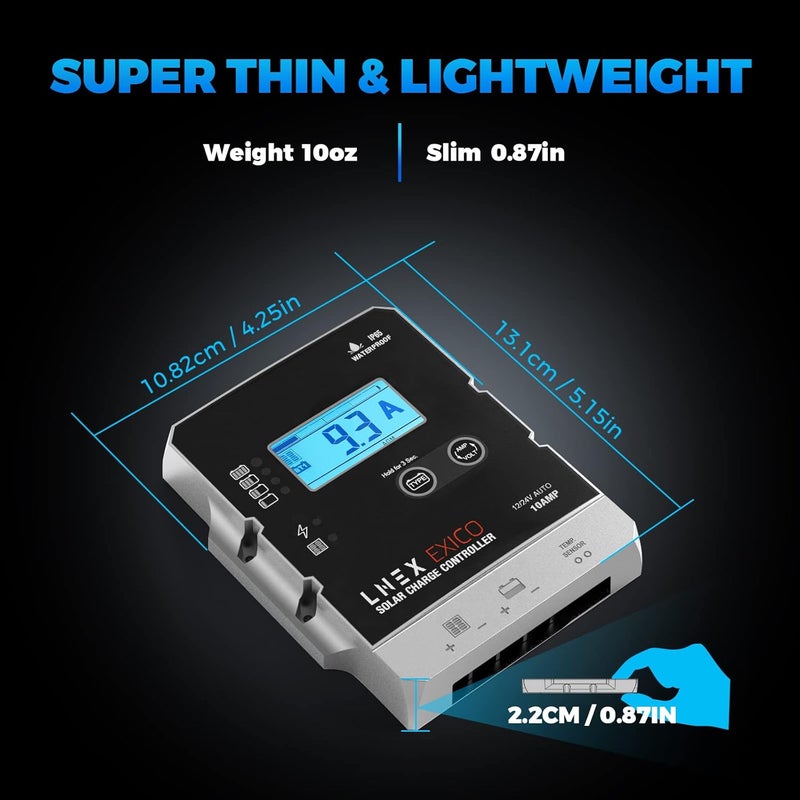 LNEX تحكم شحن شمسي مقاوم للماء، 10A منظم بطارية فائق النحافة مع شاشة LCD 12V/24V وحدة تحكم PWM لبطاريات LiFePO4 وAGM وGel وFlooded وLithium - Image 4